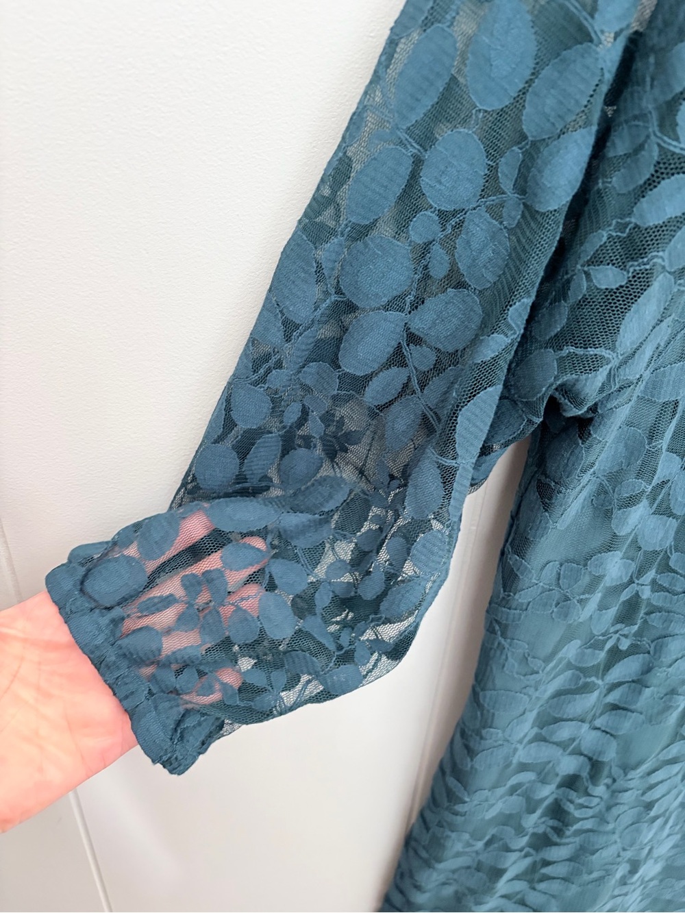Garnet Hill Teal Lace Midi Dress with Tie Neck - Picture 3 of 10